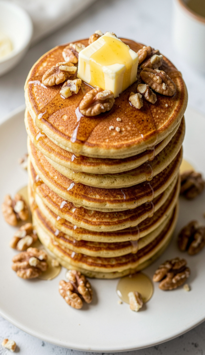 Panqueques veganos de platano y nueces recien hechos