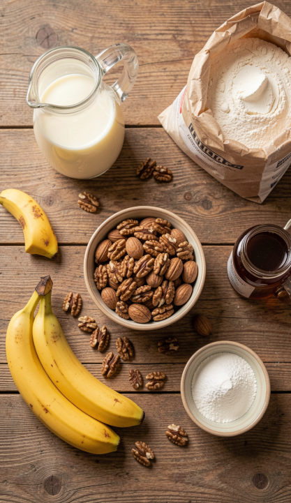 Ingredientes para panqueques veganos de platano y nueces